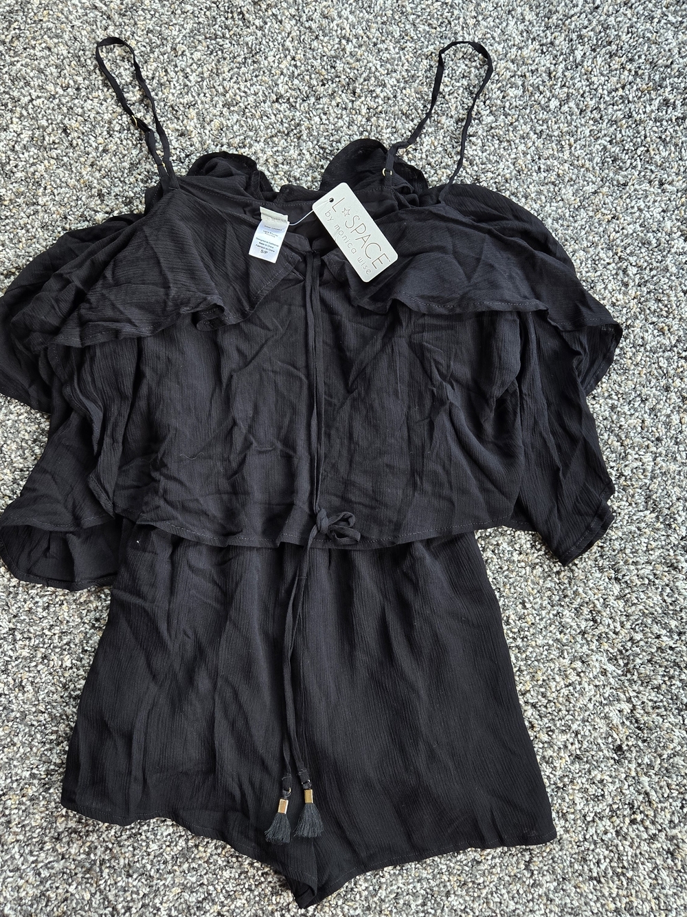 Black Off-Shoulder Romper with Tassel Tie